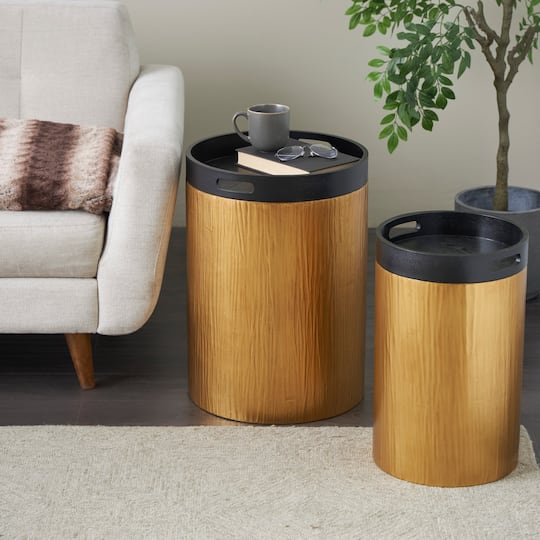 Gold Metal Nesting Accent Table with Black Tray Tabletop Set